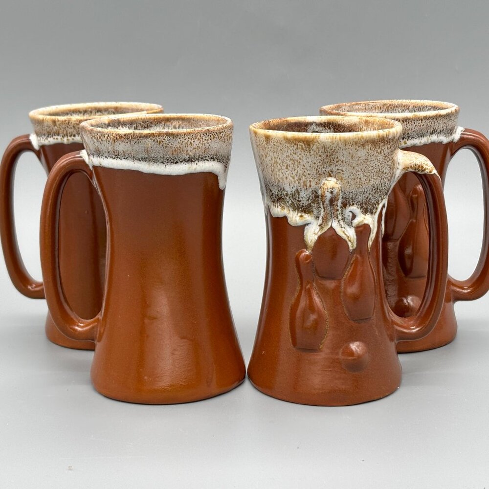 Vintage Stoneware Dripware Bowling Mugs Sets Brown Ceramic Big Lebowski Style